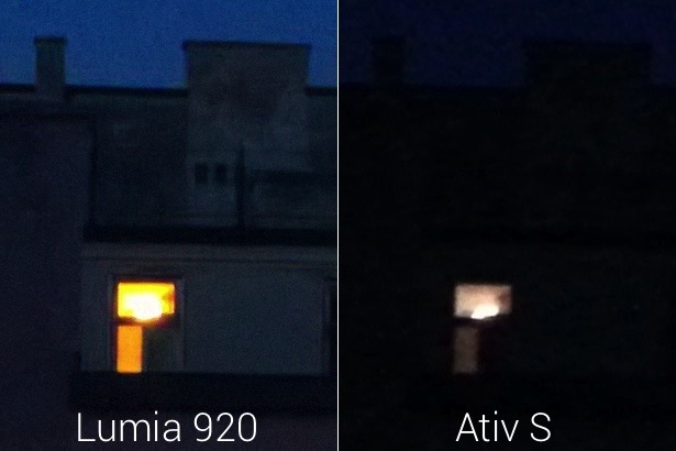 Nachts spielt das Lumia 920 seine Stärken aus. Während auf dem Bild vom Ativ S nur wenig zu erkennen ist, kann man beim Lumia 920 die Gebäudestruktur deutlich sehen. Beide Ausschnitte sind in Originalgröße.